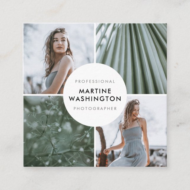 Elegant white border photographer minimal modern square business card (Front)