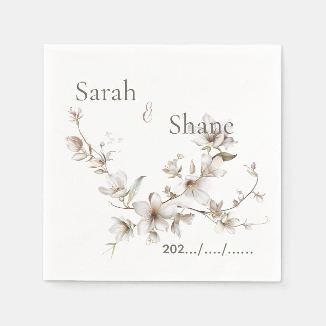 Elegant White Botanical Blossom Ivory Wedding Napkin (Front)