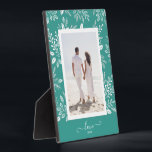 Elegant White Botanicals Tabletop Easel Photo Plaque<br><div class="desc">Tabletop plaque with a built-in easel features your favourite photo surrounded with a beautiful border of white foliage, dots and berries on a turquoise background. CHANGE the background colour to MATCH your photo. CHANGE the LOVE text to anything - TIP: put your text between the two squares to retain the...</div>