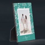 Elegant White Botanicals Tabletop Easel Photo Plaque<br><div class="desc">Tabletop plaque with a built-in easel features your favourite photo surrounded with a beautiful border of white foliage, dots and berries on a turquoise background. CHANGE the background colour to MATCH your photo. CHANGE the LOVE text to anything - TIP: put your text between the two squares to retain the...</div>