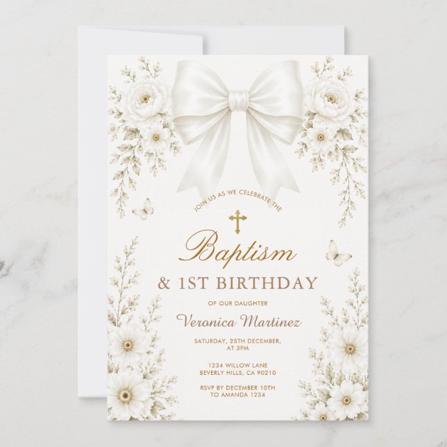 Elegant White Bow Baptism and First Birthday Invit Invitation (Front)