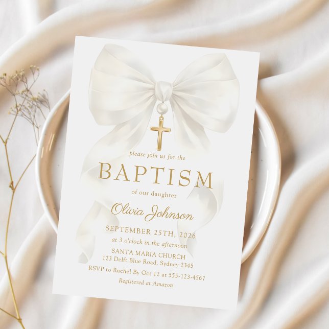 Elegant White Bow Baptism Girl Invitation (Creator Uploaded)