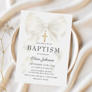 Elegant White Bow Baptism Girl Invitation