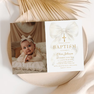 Elegant White Bow Baptism Girl Photo Invitation