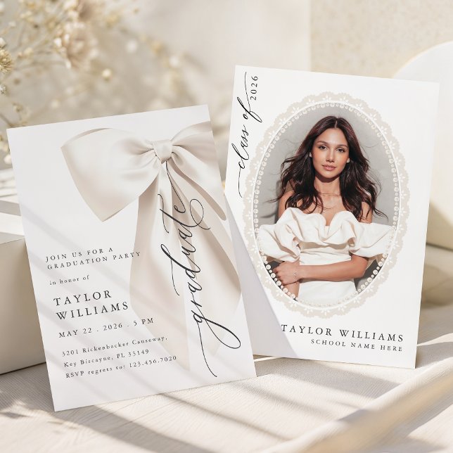 Elegant White Bow Graduation Invitation (Creator Uploaded)