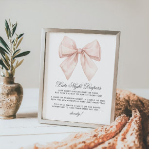 Elegant White Bow Late Night Diapers Baby Shower Poster