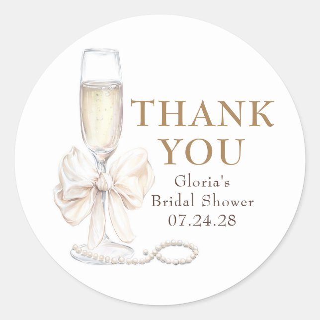 Elegant White Bow Prosecco Bridal Shower Thank You Classic Round Sticker (Front)