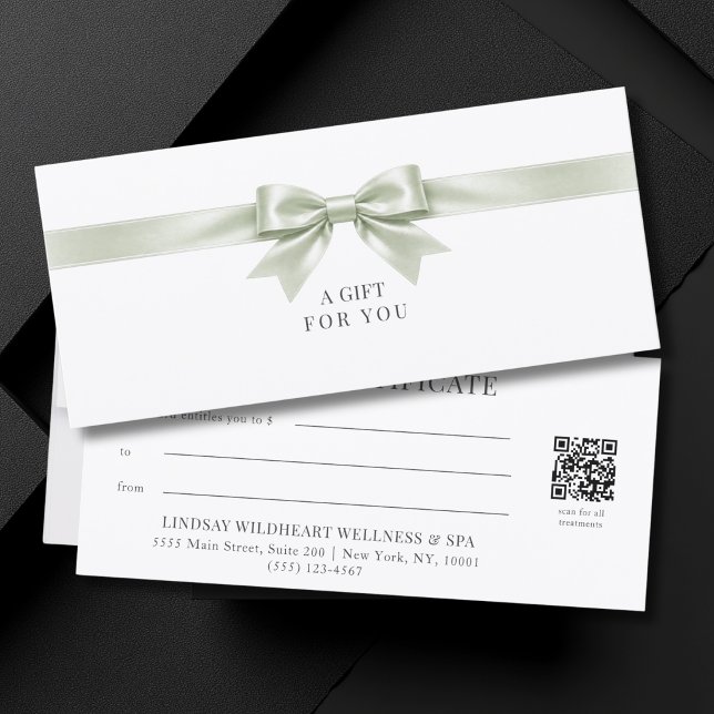 Elegant White Bow QR Code Gift Certificate (Elegant White Light Green Bow QR Code Gift Certificate)