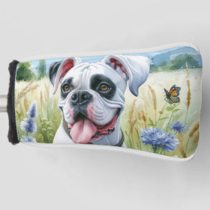 Elegant White Boxer Dog in Blooming Field Golf Head Cover
