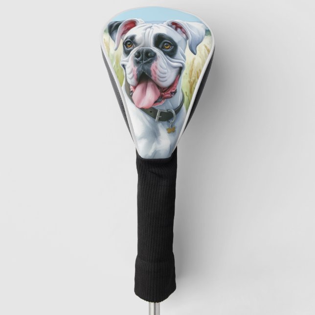 Elegant White Boxer Dog in Blooming Field Golf Head Cover (Front)
