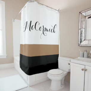 Elegant White Brown Black Stripes Family Name Shower Curtain