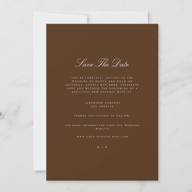 Elegant White & Brown Save The Date Card (Front)