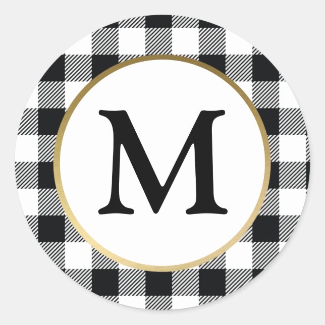 Elegant White Buffalo  Plaid Initial Monogram Classic Round Sticker (Front)