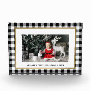 Elegant White Buffalo Plaid Personalized Holiday Photo Block