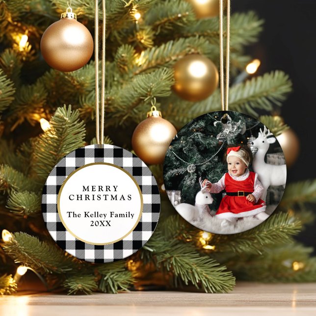Elegant White Buffalo Plaid Photo Ceramic Tree Decoration (Creator Uploaded)