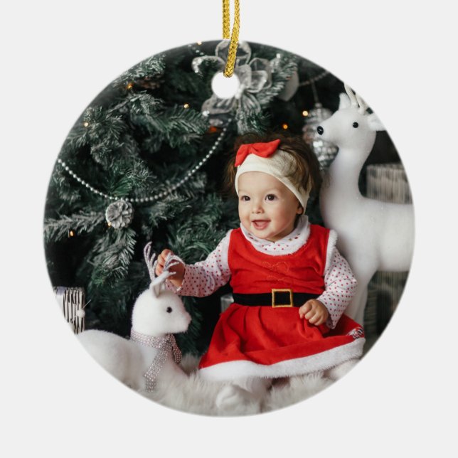 Elegant White Buffalo Plaid Photo Ceramic Tree Decoration (Front)