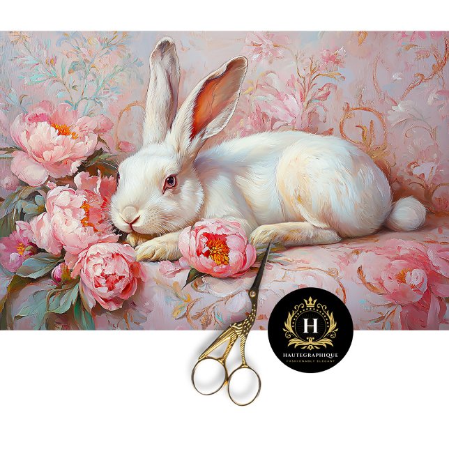 Elegant White Bunny & Pink Peonies Decoupage Tissue Paper (Creator Uploaded)