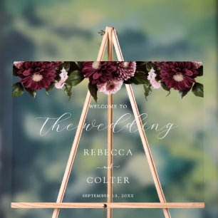 Elegant White Burgundy Floral Wedding Acrylic Sign