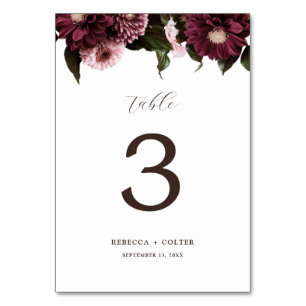 Elegant White Burgundy Floral Wedding Table Number