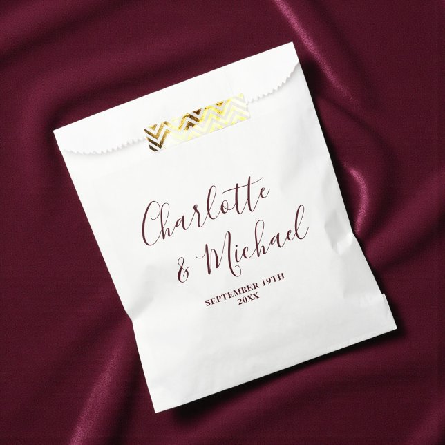 Elegant White & Burgundy Script Minimalist Wedding Favour Bags (Creator Uploaded)