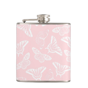 Elegant White Butterflies Pink Design Hip Flask