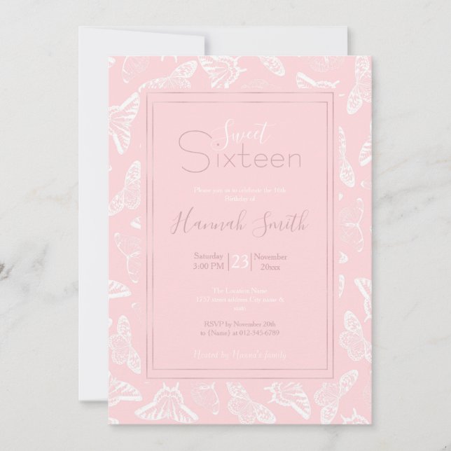 Elegant White Butterflies Pink Design Invitation (Front)