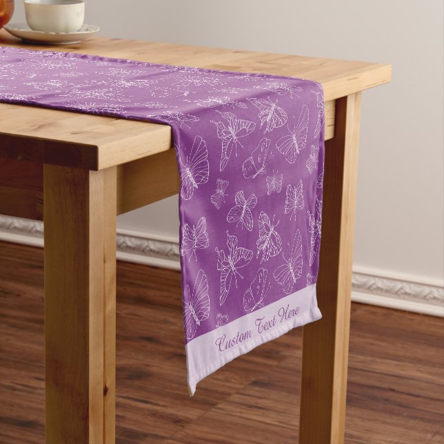Elegant White Butterfly Pattern Purple Personalise Short Table Runner (In Situ)