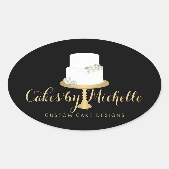 Elegant White Cake with Florals II Cake Decorating Oval Sticker (Front)