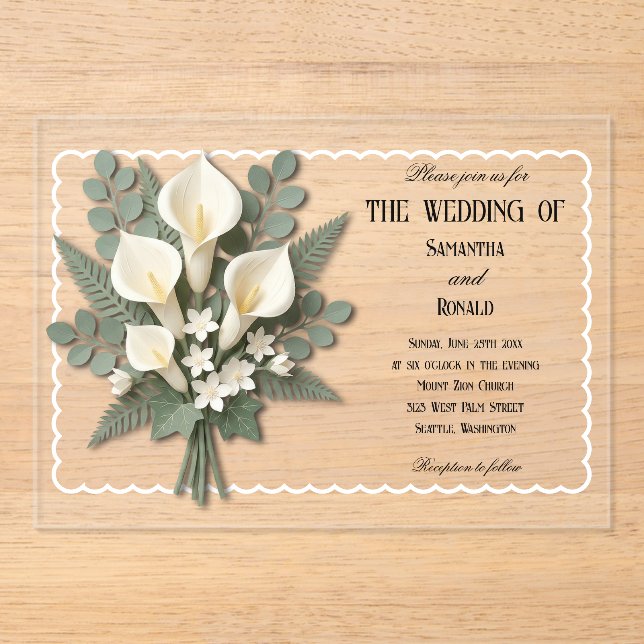 Elegant White Calla Lilies Acrylic Wedding Invitations (Front)