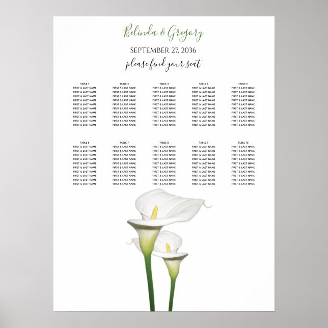 Elegant White Calla Lilies Wedding Seating Chart (Front)