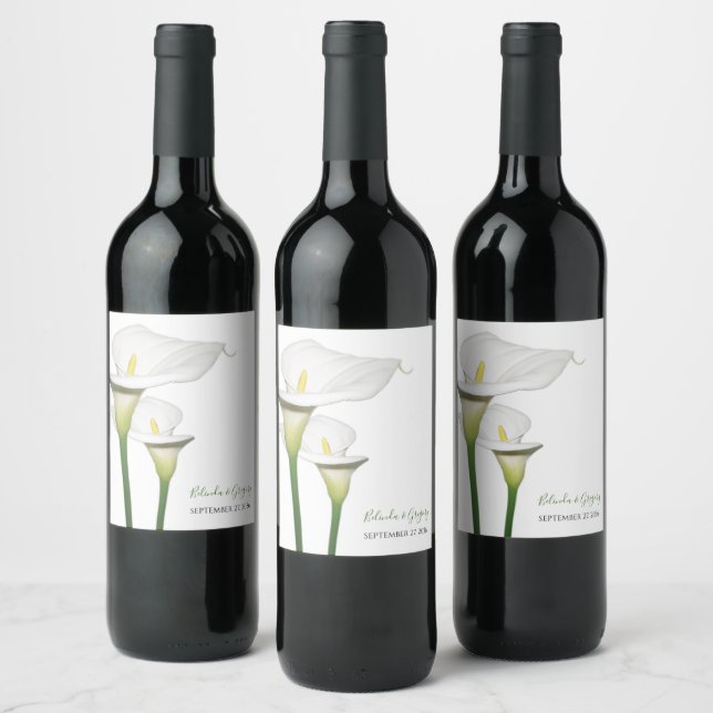 Elegant White Calla Lilies Wedding Wine Label (Bottles)