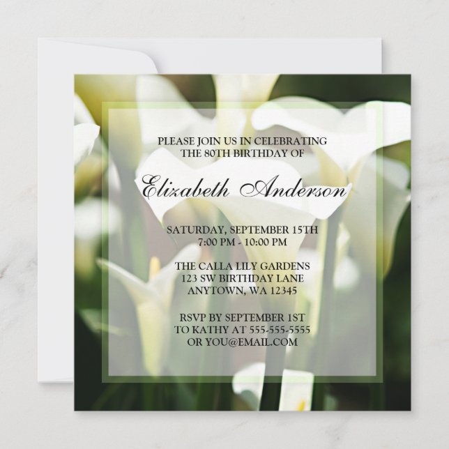 Elegant White Calla Lily 80th Birthday Party Invitation (Front)