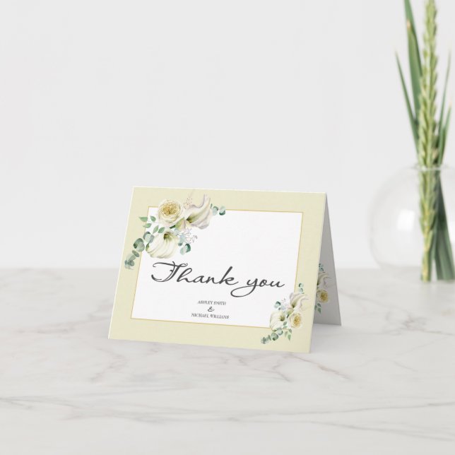 Elegant White Calla Lily & Eucalyptus Wedding Than Thank You Card (Front)