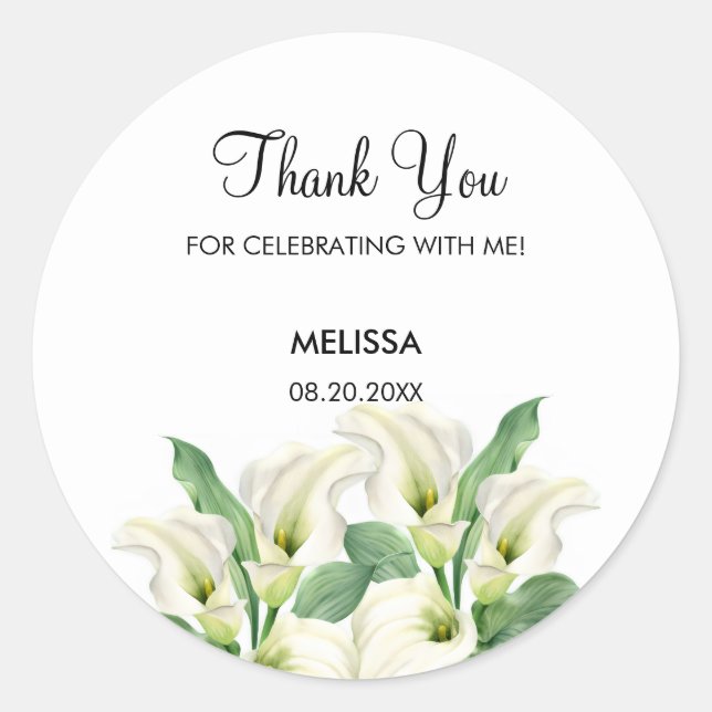 Elegant White Calla Lily Floral Birthday Classic Round Sticker (Front)