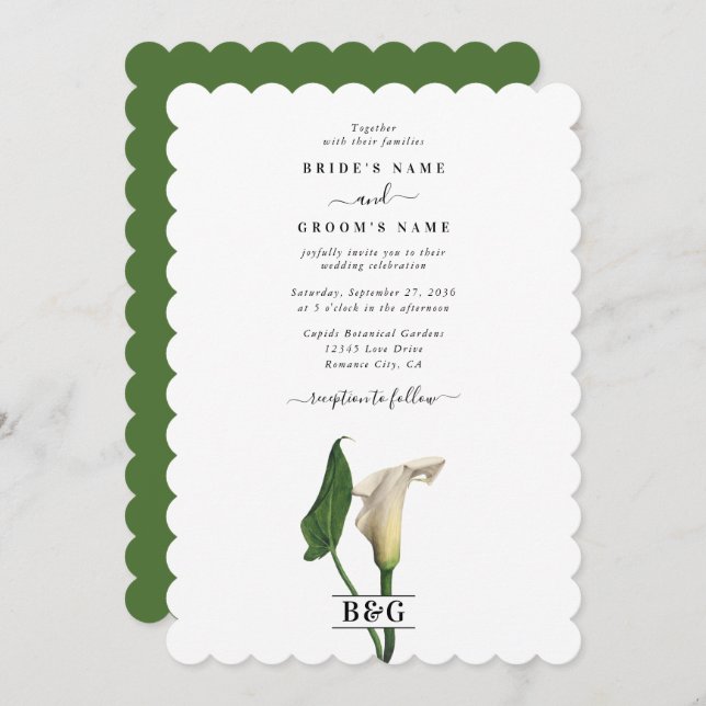 Elegant White Calla Lily Green Botanical Wedding Invitation (Front/Back)
