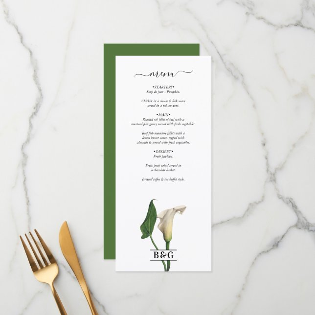 Elegant White Calla Lily Green Botanical Wedding Menu (Front/Back In Situ)