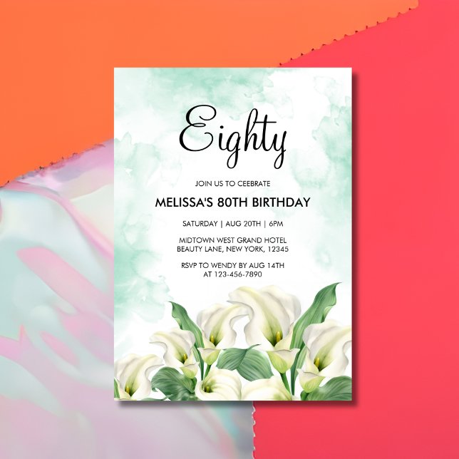 Elegant White Calla Lily Green Splash Birthday Invitation (Creator Uploaded)