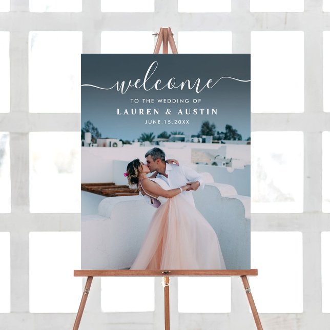 Elegant White Calligraphy Photo Wedding Sign (Creator Uploaded)