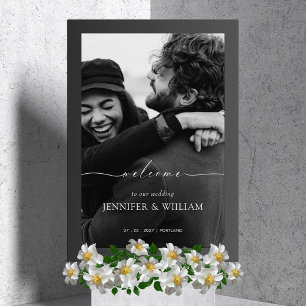 Elegant White Calligraphy Wedding Welcome Photo Acrylic Sign