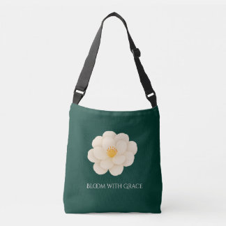 Elegant White Camellia Deep Green Botanical Bloom  Crossbody Bag