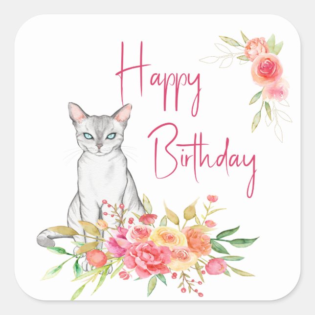 Elegant White Cat and Garden Bouquet  Square Sticker (Front)