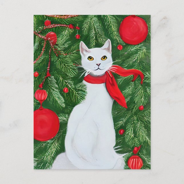 Elegant White Cat Christmas  Holiday Postcard (Front)