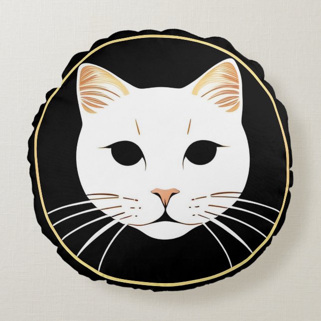 Elegant White Cat Illustration Round Cushion (Front)