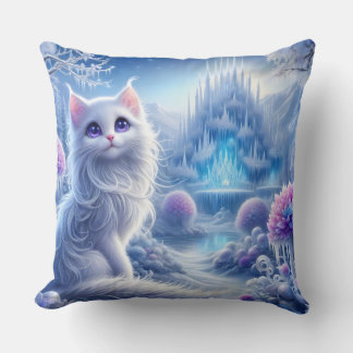 Elegant White Cat in a Snowy Magical Realm Cushion