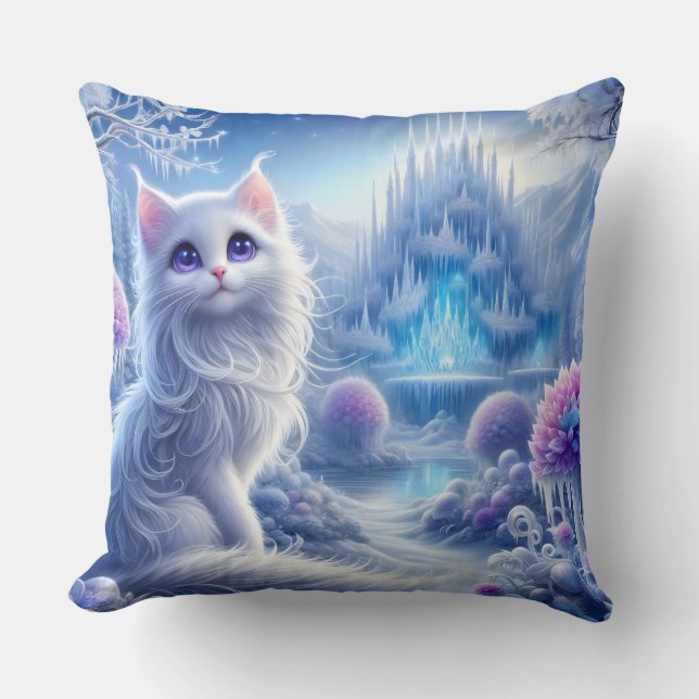 Elegant White Cat in a Snowy Magical Realm Cushion (Front)