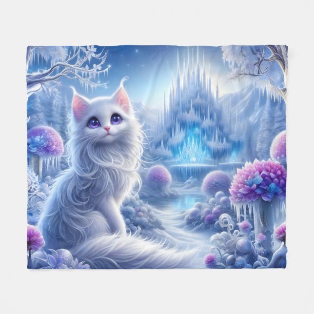 Elegant White Cat in a Snowy Magical Realm Fleece Blanket (Front (Horizontal))