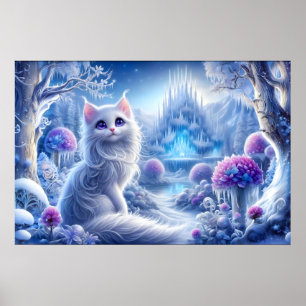 Elegant White Cat in a Snowy Magical Realm Poster