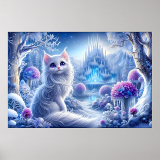 Elegant White Cat in a Snowy Magical Realm Poster