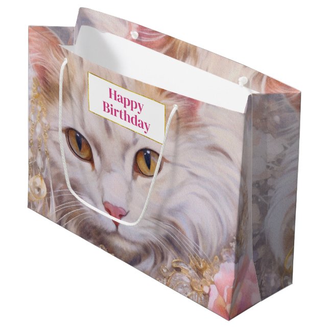 Elegant White Cat in Gold and Diamonds Birthday Large Gift Bag (Front Angled)