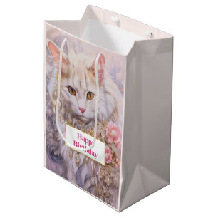 Elegant White Cat in Gold and Diamonds Birthday Medium Gift Bag